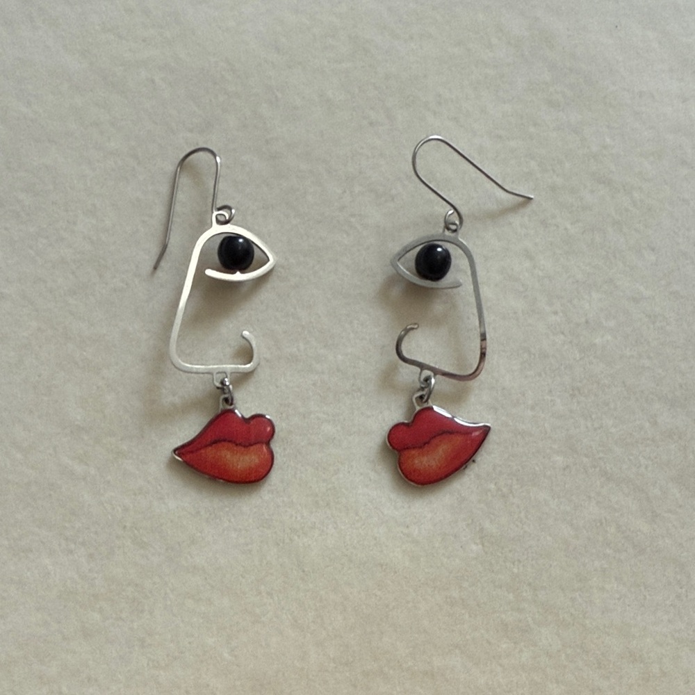 Abstract Face Earrings with Red Lips
